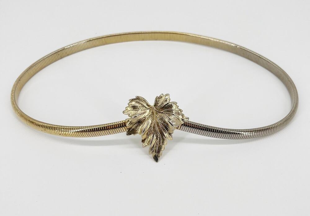 Gold Tone Leaf Belt Stretch Metal Statement Skinny Nature Vintage 80s